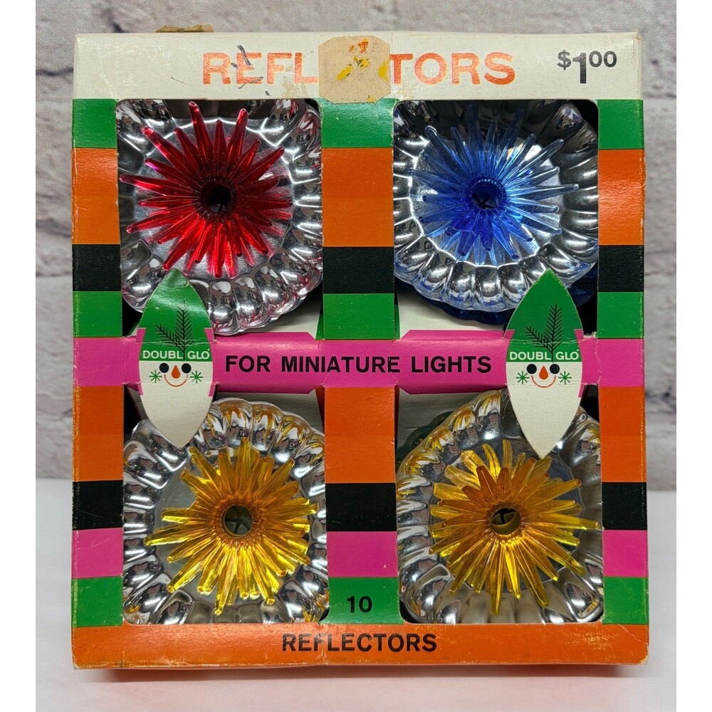 Vtg Aluminum Light reflectors Christmas String Lights Doubl Glo Original Box